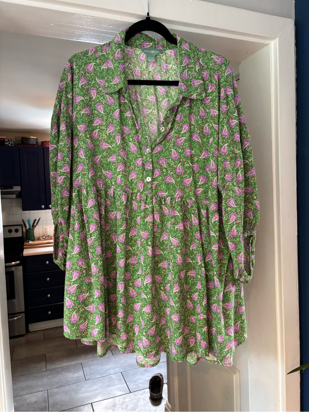 April Cornell Green Tunic with Pink Floral Print
